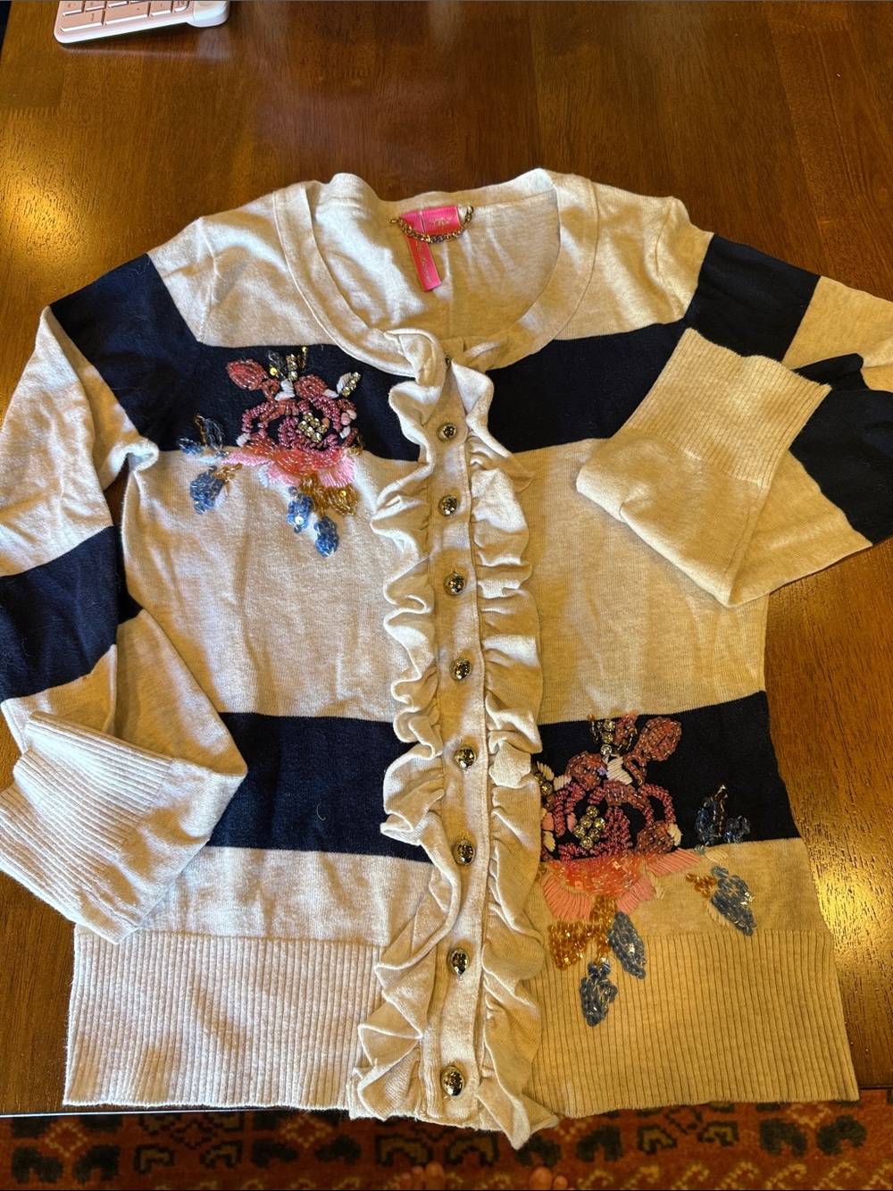 Striped Ruffle Cardigan with Floral Embroidery - Cream & Navy
